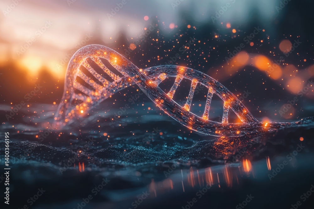Illuminated dna molecule in a natural landscape at sunset artistic visualization science concept serene environment captivating viewpoint for genetic exploration