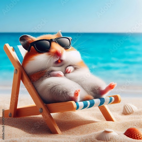 A funny hamster in sunglasses is relaxing on the beach by the sea lying in a sun lounger. AI generated.