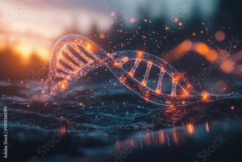 Obraz na płótnie Illuminated dna molecule in a natural landscape at sunset artistic visualization science concept serene environment captivating viewpoint for genetic exploration w salonie