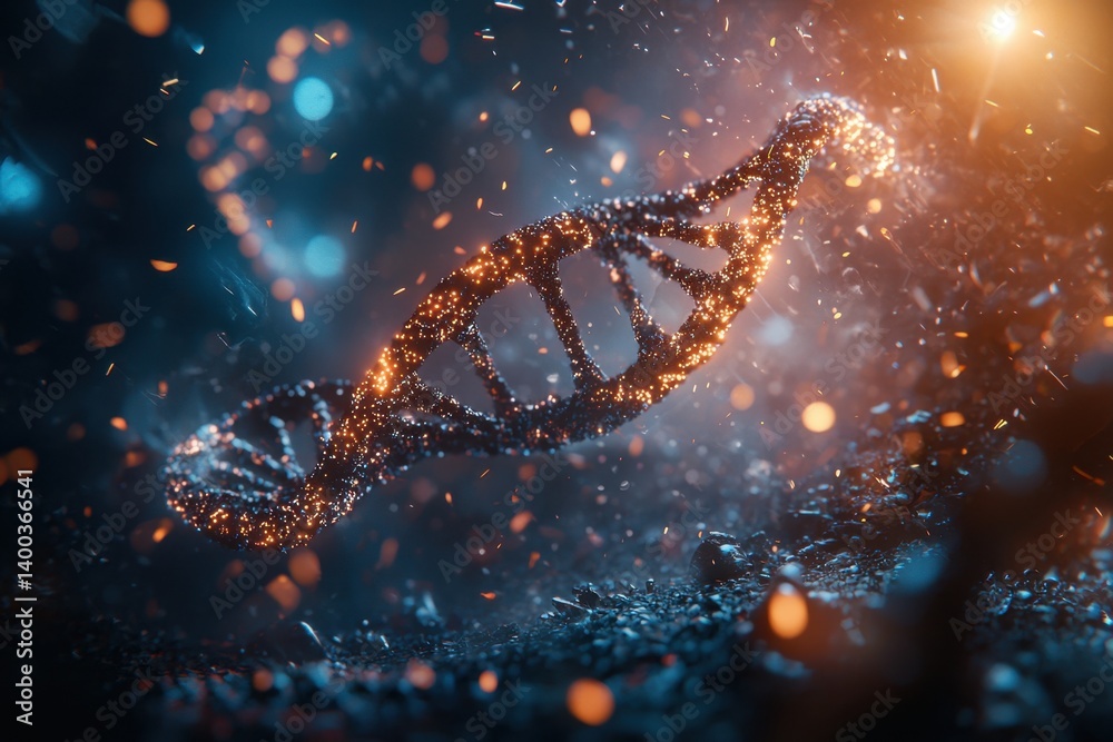 Dynamic artistic depiction of glowing dna strands in an abstract environment highlighting scientific innovation and creativity