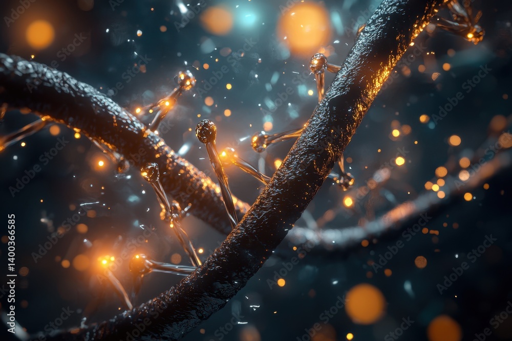 Dynamic visualization of dna strands intertwined with molecular elements in a futuristic setting highlighting scientific concepts and artistic interpretation