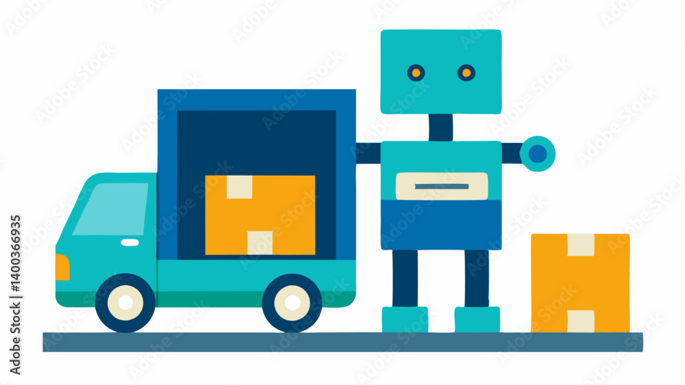 Naklejka premium Loading Dock Robot A robot with a builtin ramp loading large packages into a delivery truck demonstrating its functionality in the loading process.