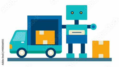Loading Dock Robot A robot with a builtin ramp loading large packages into a delivery truck demonstrating its functionality in the loading process.