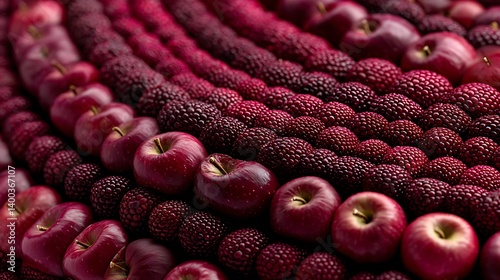 A vibrant arrangement of deep red apples and textured berries. photo