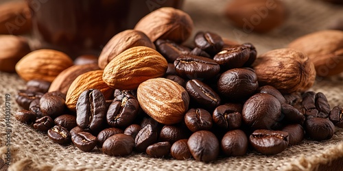 Flat lay of different types of coffee beans and roasted nuts scattered on a burlap sack, warm and inviting light enhancing their rich brown tones.