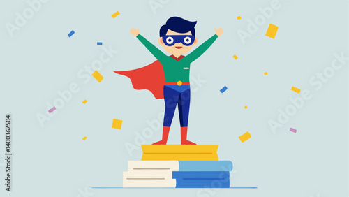 Paperwork Conqueror An enthusiastic character with short hair and glasses stands atop a teetering stack of various document papers. The character is depicted in a dynamic pose with