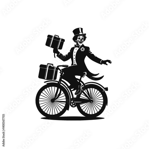 circus joker rides a retro bike circus performance silhouette black color white background vector 