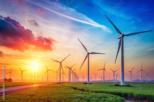 Minimalist White Background Wind Turbine Array: Renewable Energy Stock Photo