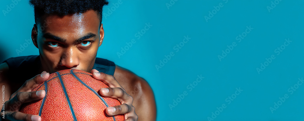 Male basketball player with dreadlocks and earrings gripping a ball with both hands while staring intently forward in a dramatic blue-lit studio setting