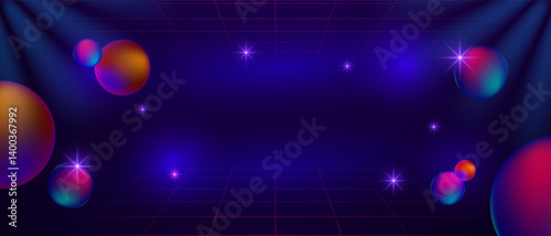Retro neon grid background with glowing spheres