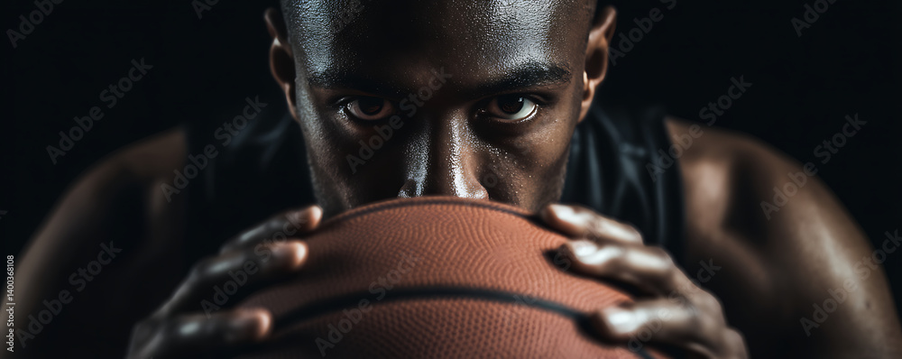 Close-up of a focused male basketball player sweating intensely and staring forward over a basketball with a dramatic dark studio background and strong contrast lighting