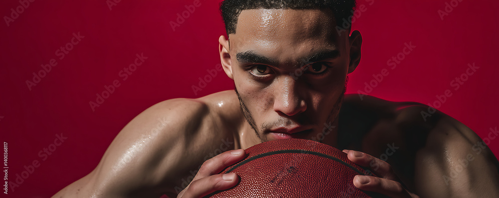 Young male basketball player gripping a ball while staring forward with intensity and focus under dramatic lighting with a red studio background and visible sweat on skin