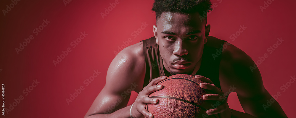 Young male basketball player gripping a ball while staring forward with intensity and focus under dramatic lighting with a red studio background and visible sweat on skin