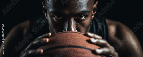 Obraz na płótnie Close-up of a focused male basketball player sweating intensely and staring forward over a basketball with a dramatic dark studio background and strong contrast lighting w salonie