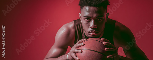 Obraz na płótnie Young male basketball player gripping a ball while staring forward with intensity and focus under dramatic lighting with a red studio background and visible sweat on skin w salonie