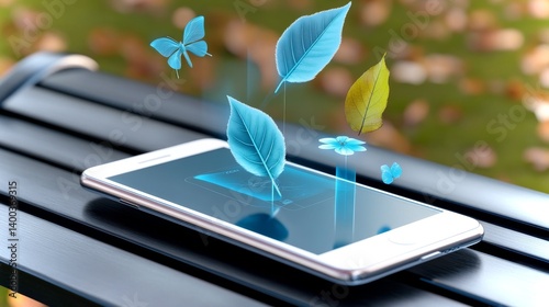 Obraz na płótnie Innovative smartphone display featuring interactive leaves and butterflies in outdoor setting w salonie