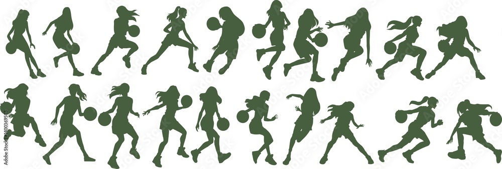 バスケットボールをする女性のイラストセット バスケットボールをする女性のイラストセット