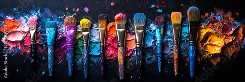 Flat lay of various paintbrushes, tubes of paint, and a color palette arranged on a splattered canvas, natural daylight illuminating the scene.