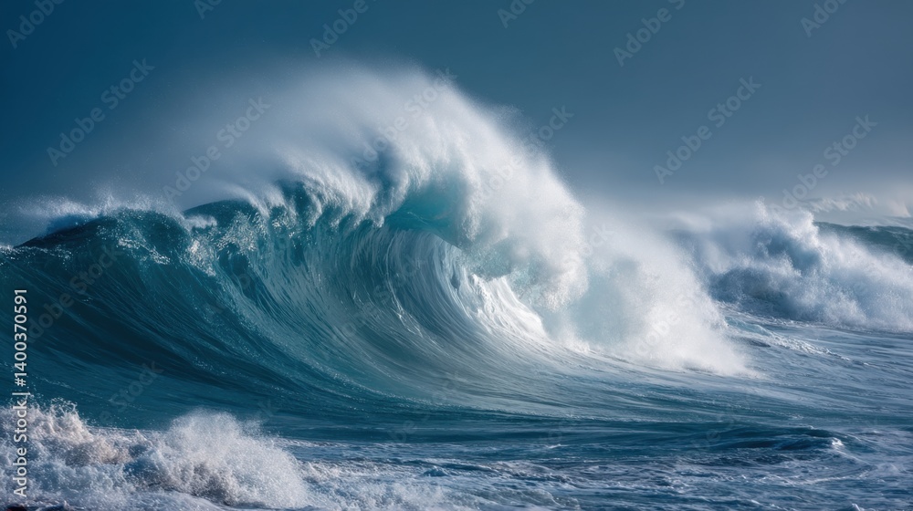 A massive wave rises and crashes impressively against the shore, creating a misty spray. The sunlight filters through, adding a dramatic tone to the scene A massive wave rises and crashes impressively against the shore, creating a misty spray. The sunlight filters through, adding a dramatic tone to the scene