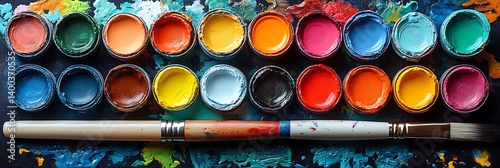 Flat lay of various paintbrushes, tubes of paint, and a color palette arranged on a splattered canvas, natural daylight illuminating the scene.
