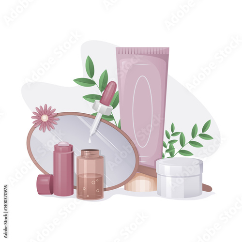 Skincare organic cosmetic products bottles composition and mirror on floral background