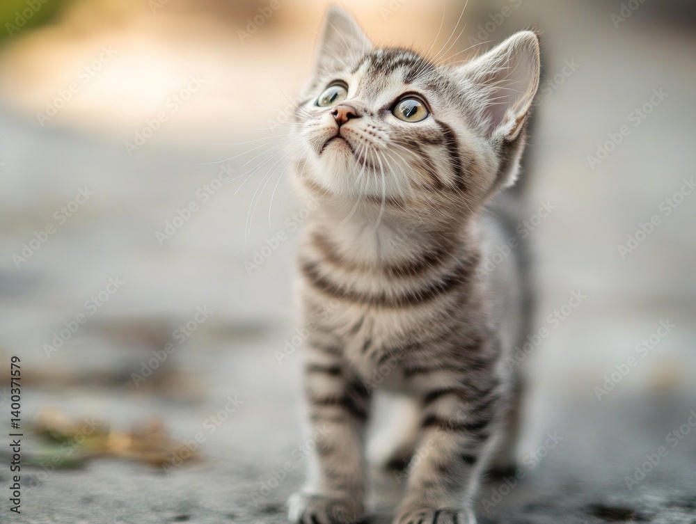 Naklejka premium A small silver kitten stands on the ground, looking up with bright eyes, displaying a curious expression in a serene outdoor environment