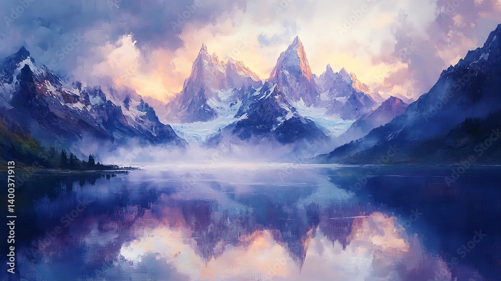 Obraz premium Dramatic oil painting of Patagonia’s iconic peaks at dawn, swirling mist wrapping around the jagged summits, reflections in the still waters of a glacial lake,