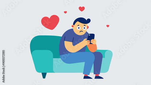 Fidgeting with the Phone Illustrate a character sitting on a couch with their legs crossed. They have their phone in one hand while the other hand is anxiously biting their nails.