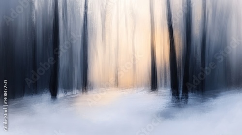 Abstract winter forest scene with blurred trees and soft sunlight.