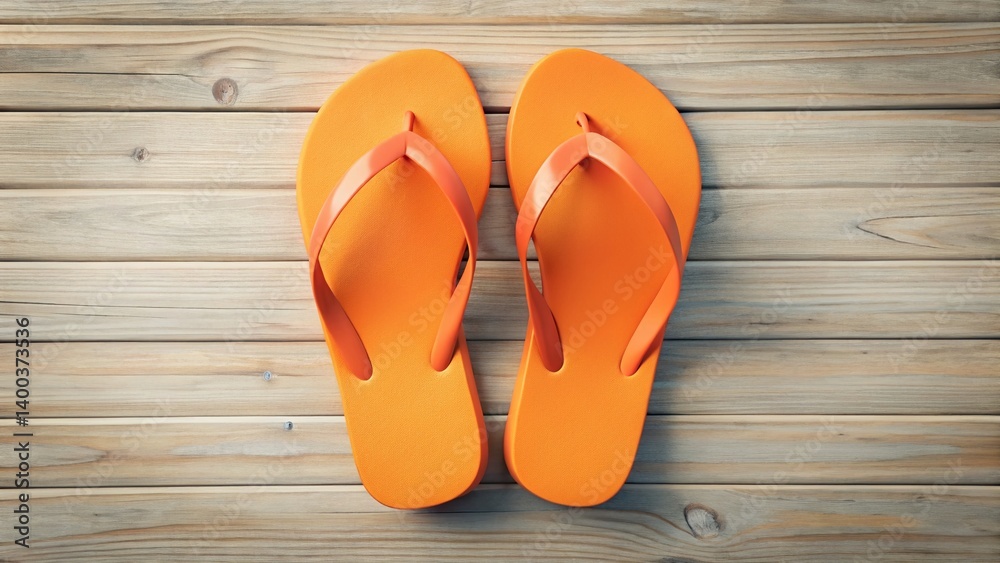 Fototapeta premium Minimalist Orange Flip Flops on Wood - Summer Beach Vacation Stock Photo