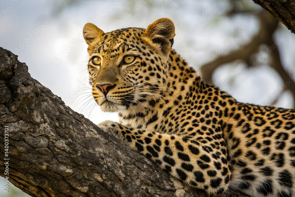 Fototapeta premium Leopard Resting on Tree Branch in the Wild