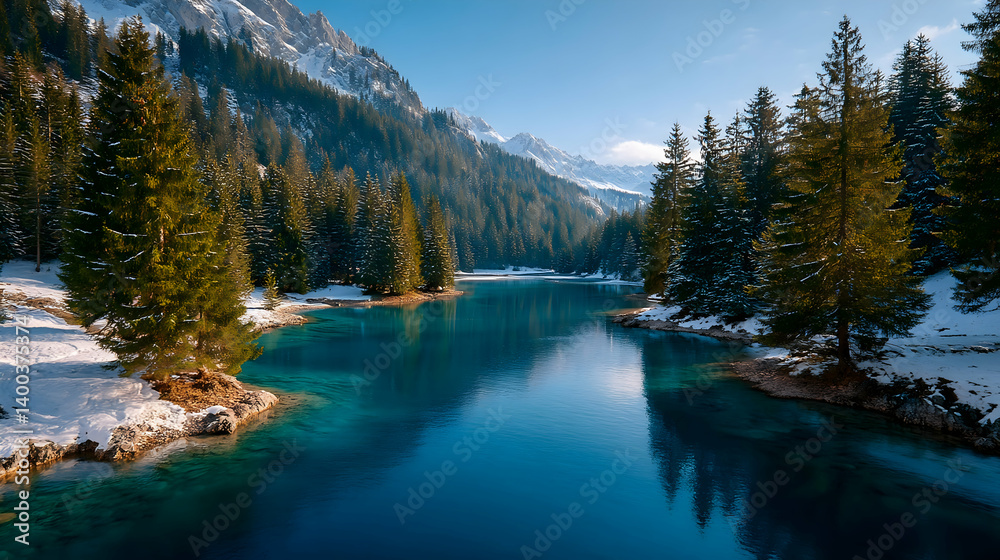 Crystal-clear alpine lake reflecting snow-capped mountains and evergreen trees under a vibrant blue sky Crystal-clear alpine lake reflecting snow-capped mountains and evergreen trees under a vibrant blue sky
