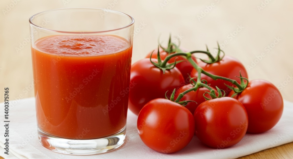 Vibrant tomato juice still life featuring a glass and fresh vine tomatoes arrangement Vibrant tomato juice still life featuring a glass and fresh vine tomatoes arrangement