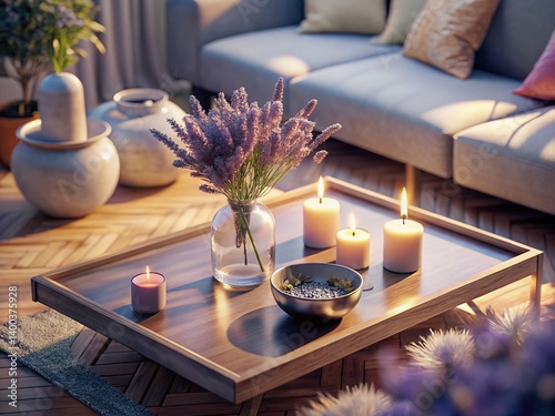 Minimalist Living Room Decor: Lavender & Candles on Metal Tray