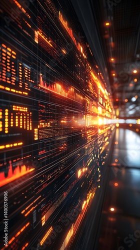 Floating holographic interfaces projecting abstract data visualizations, dark environment, neon highlights, sharp focus, overhead view.