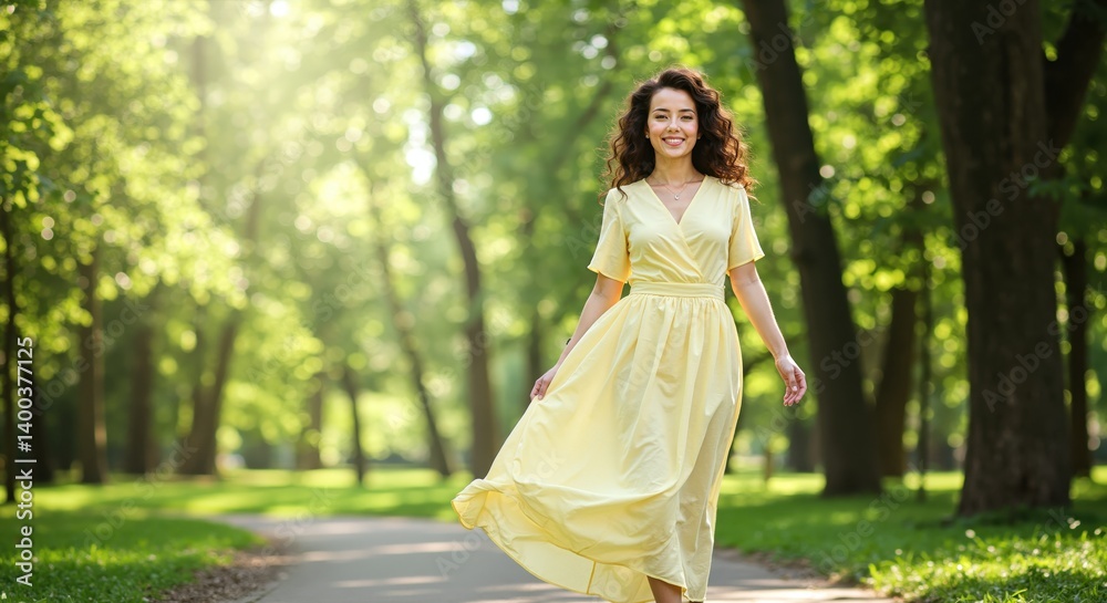 Woman in yellow dress joyfully walking in a green park Woman in yellow dress joyfully walking in a green park