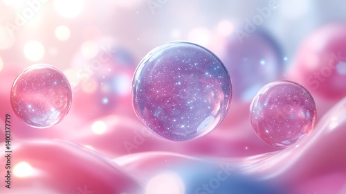 Floating iridescent pastel-hued spheres and soft, fluid organic shapes arranged in a serene, balanced composition with a bright white backdrop.