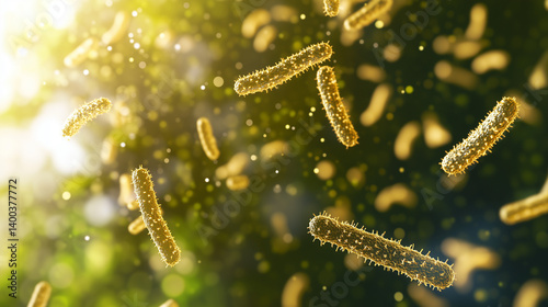 Microscopic Golden Bacteria Floating in Air - High-Detail Scientific Illustration.