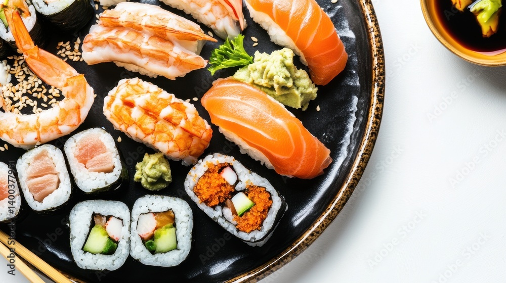 A plate of assorted sushi rolls, featuring different toppings and ingredients, beautifully arranged on a white plate. A plate of assorted sushi rolls, featuring different toppings and ingredients, beautifully arranged on a white plate.