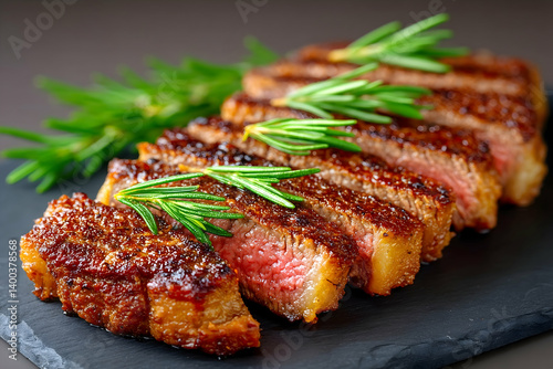 Sliced grilled steak with rosemary sprigs on dark slate