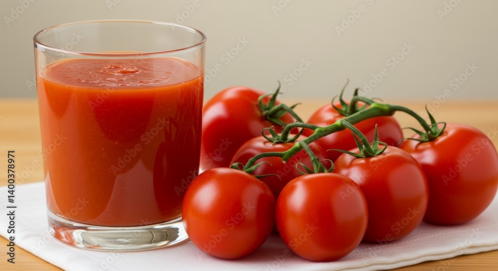 Refreshing tomato juice and vine-ripened tomatoes, a vibrant still life composition Refreshing tomato juice and vine-ripened tomatoes, a vibrant still life composition