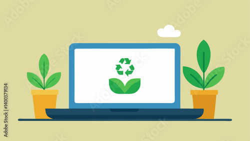 Recyclable Laptop A modern laptop with a recycling symbol on its surface sitting on a workspace covered with plants emphasizing its ecofriendly components.