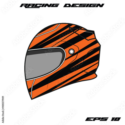 Vibrant racing helmet design featuring bold orange and black stripes, ideal for motorsport graphics