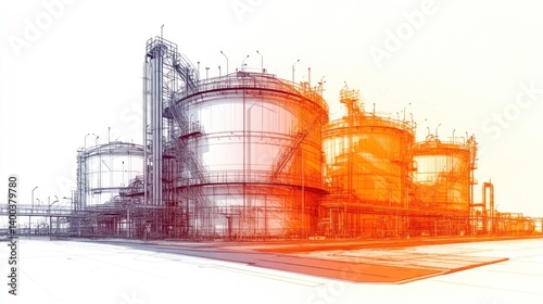 Detailed illustration displays multiple oil storage tanks within an industrial plant, emphasizing structure on a clean white background