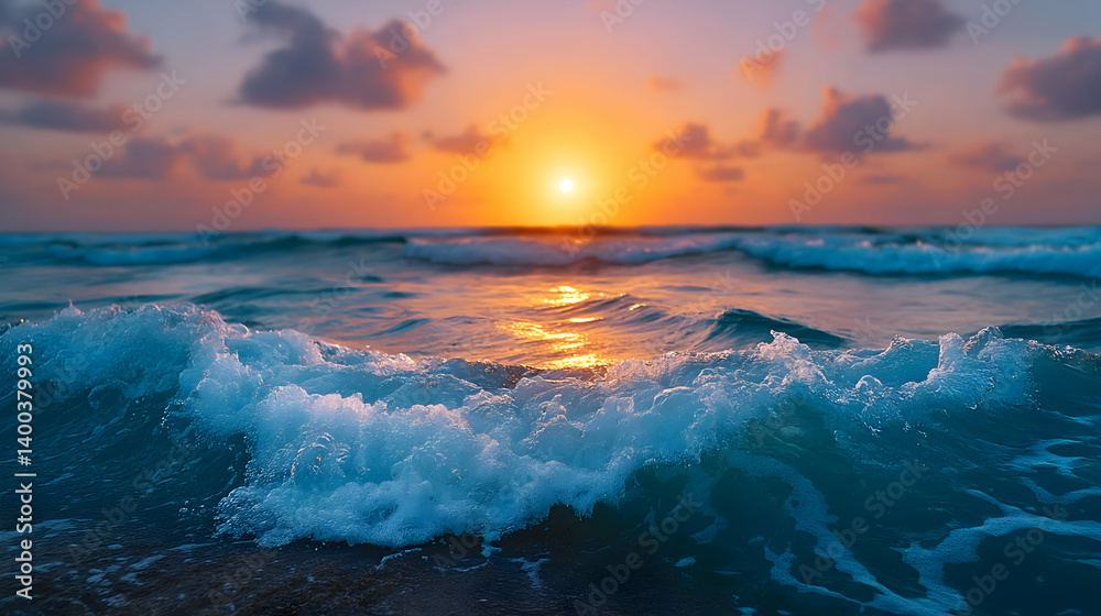 Obraz premium Vibrant sunset over ocean waves