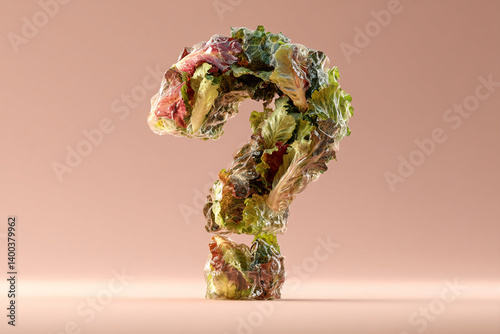Lettuce leaves forming question mark, wrapped in plastic, on pale pink background Free space for text Mockup photo