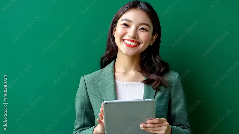 Smiling woman in a blazer holding a tablet against a rich emerald backdrop Smiling woman in a blazer holding a tablet against a rich emerald backdrop