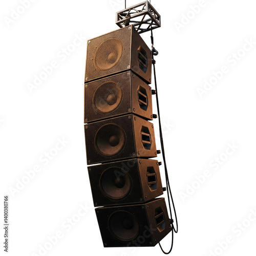 Stacked loudspeakers hanging from a truss, ready for a concert.