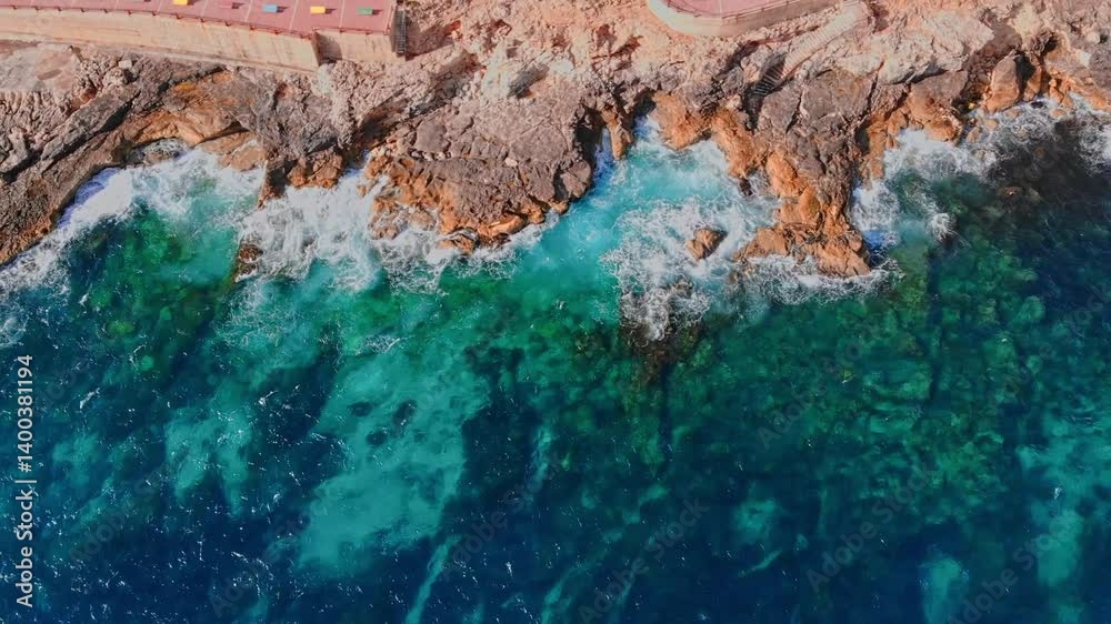 Aerial Top view Azure blue sea with waves beating on beach and rocks Aerial Top view Azure blue sea with waves beating on beach and rocks