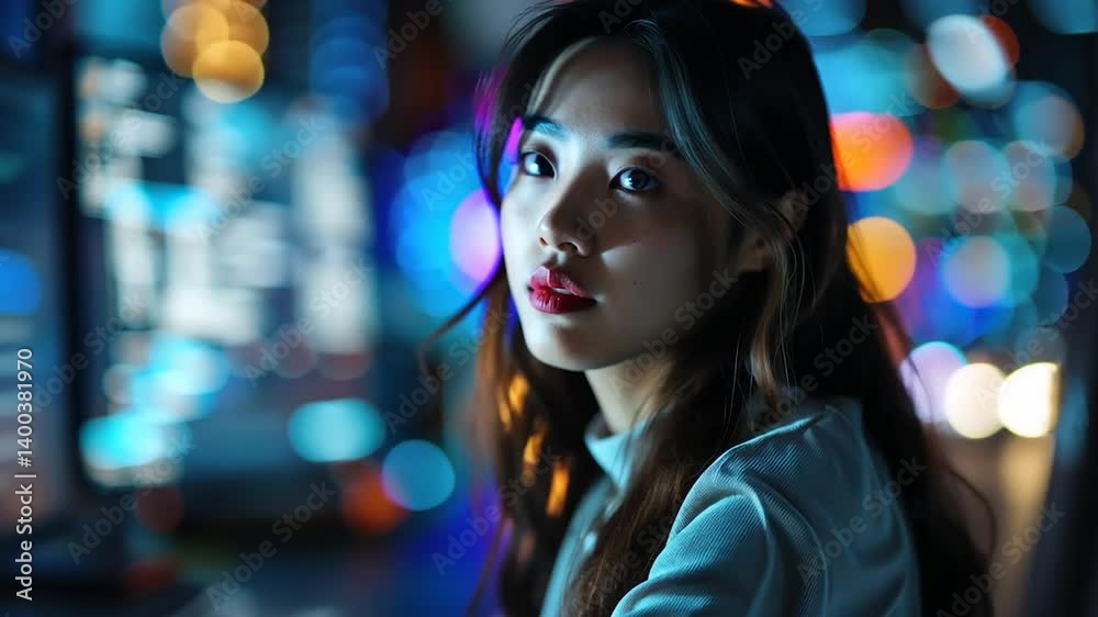 Night coder: A young woman intensely focused on her computer screen, surrounded by the glow of city lights and code.